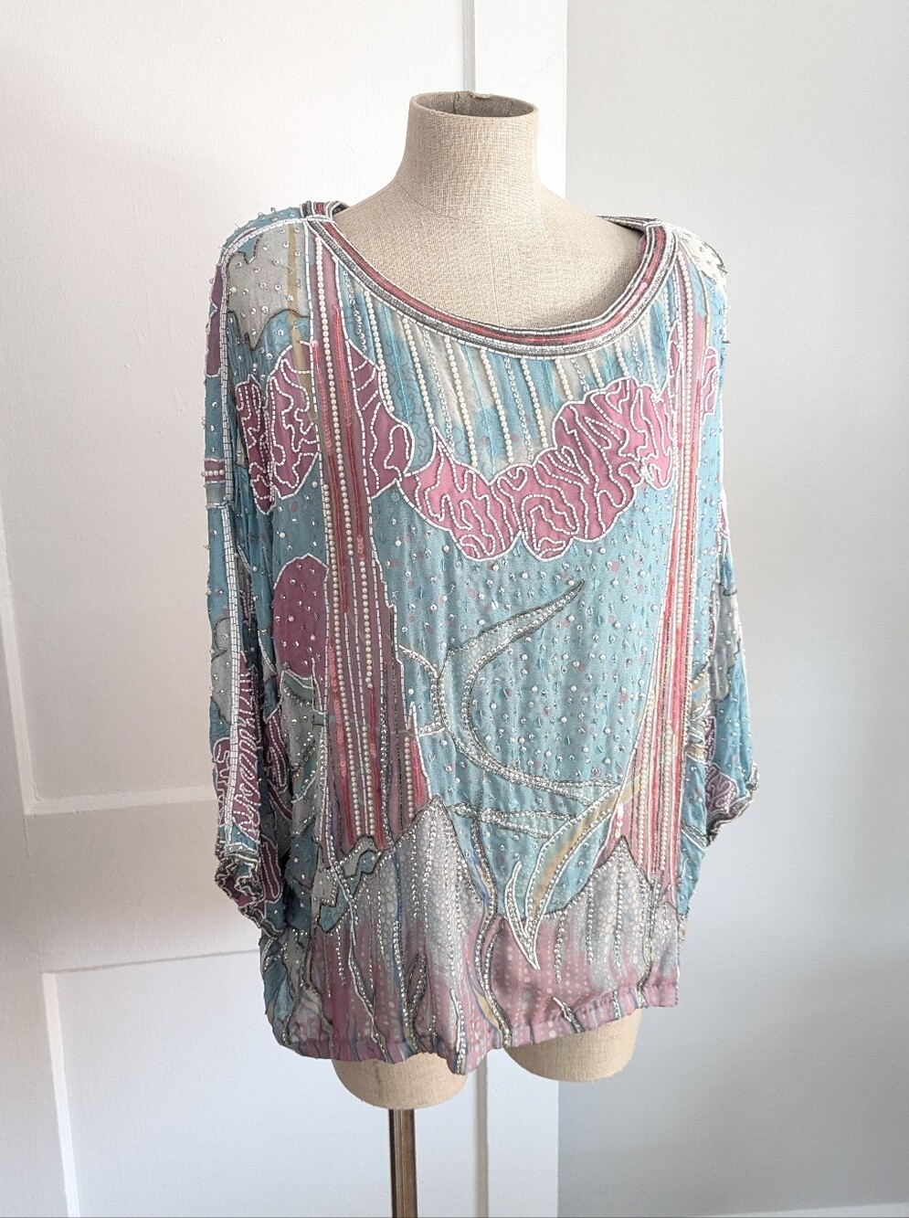 Vintage 80s Beaded Silk Blue and Pink Top by Judith Ann